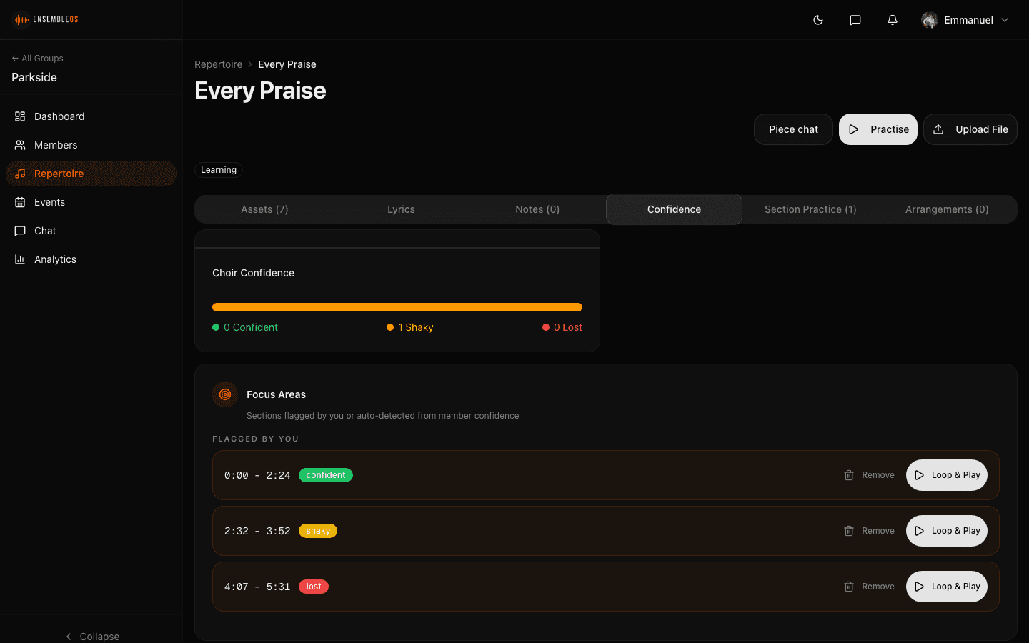 Confidence heatmap showing per-section confidence levels with focus areas and flagged passages