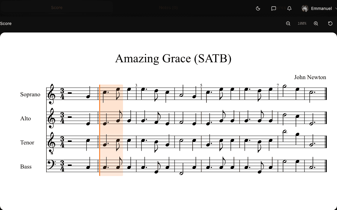 Amazing Grace SATB score rendered with Soprano, Alto, Tenor, and Bass parts in the interactive score reader