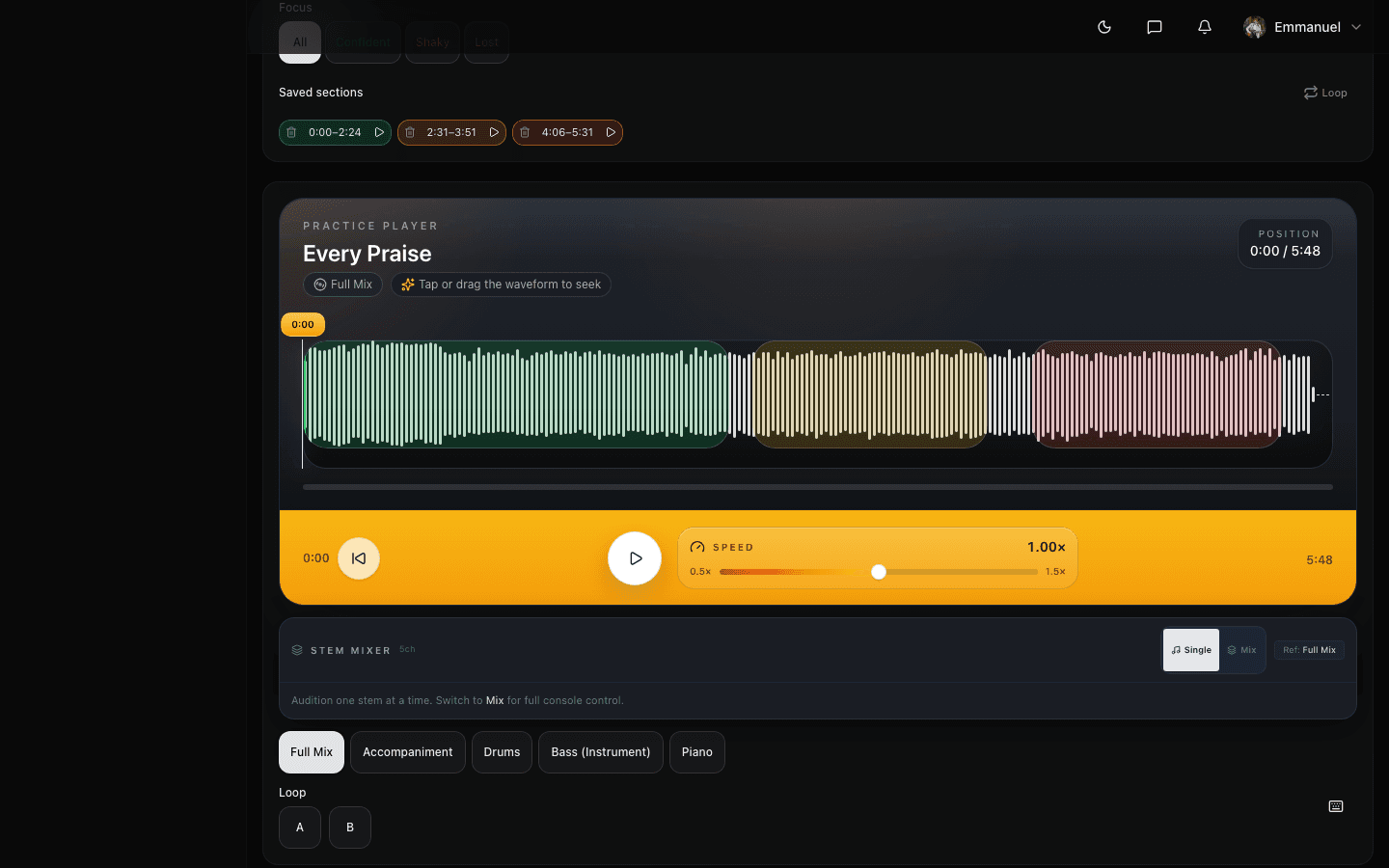 Practice player with colour-coded confidence timeline showing confident, shaky, and lost sections on the waveform